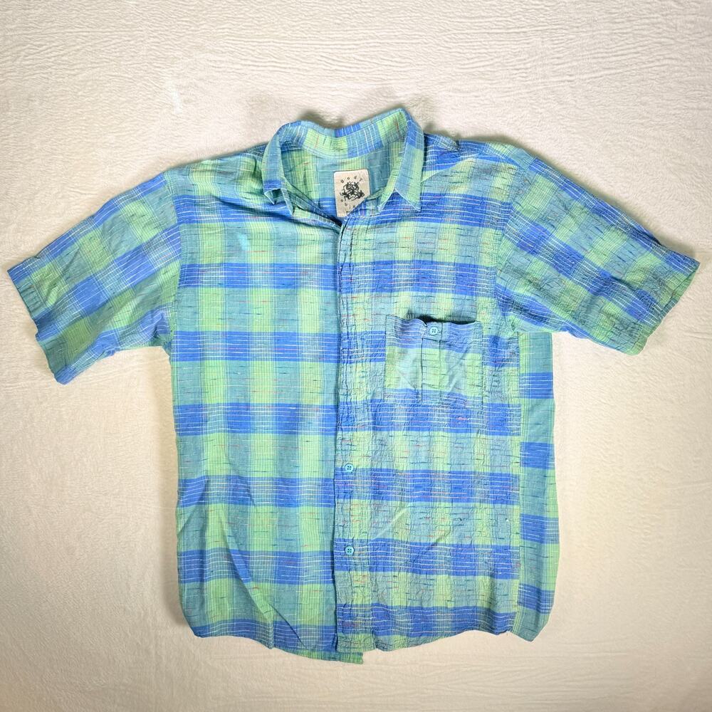 Body Objects Mens M Plaid Vintage 80s/90s Made in USA Textured Resort Wear Surf